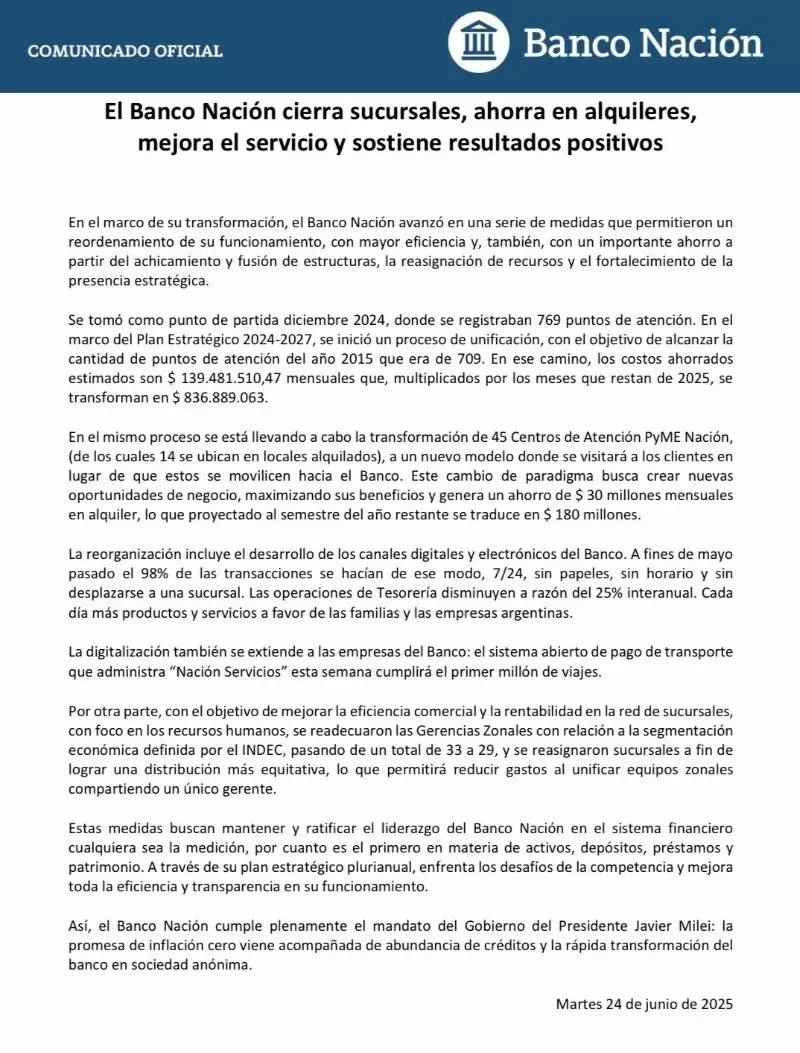 Comunicado Banco Nación