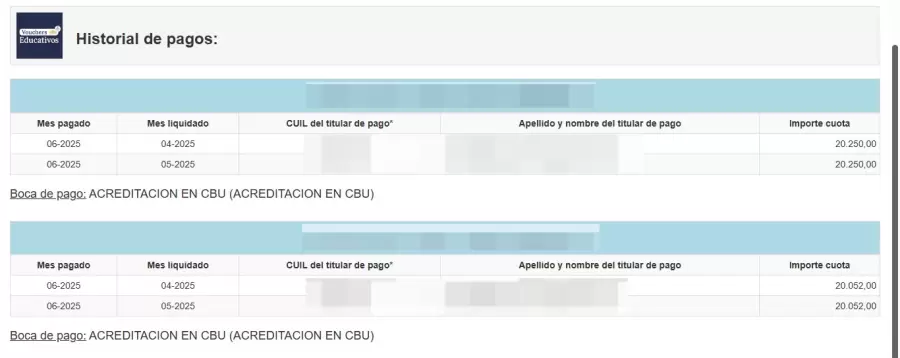 Ejemplo del pago de dos Vouchers Educativos en junio