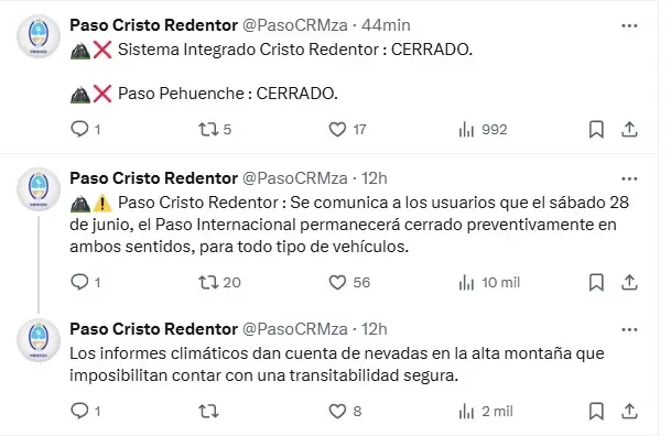 El Paso Cristo Redentor permanecerá cerrado por nevadas en Alta Montaña/ Fuente: X de Paso Cristo Redentor