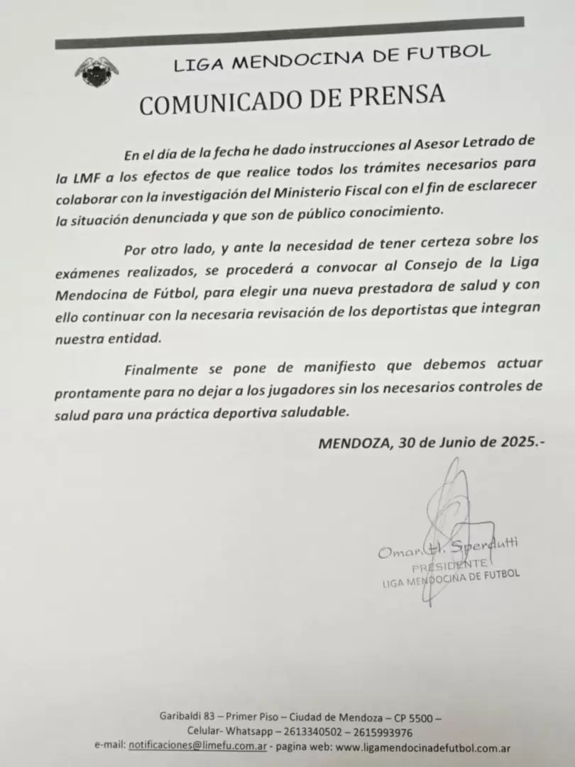 Comunicado de la Liga Mendocina