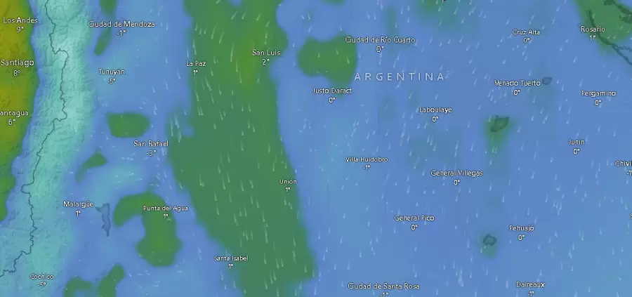 Temperaturas en la franja central de Argentina a las 09.39 del miércoles 2 de julio de 2025.