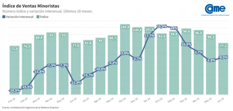 Ventas en junio del 2025, según la CAME.