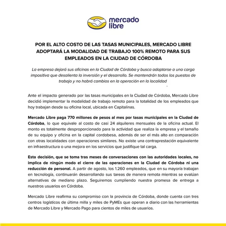 El comunicado oficial de Mercado Libre.
