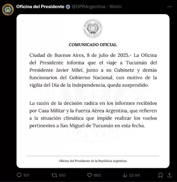 Tweet que confirma que Javier Milei no va a Tucumán