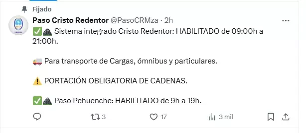El Paso Cristo Redentor se encuentra habilitado con el uso obligatorio de cadenas/ Fuente: X