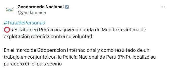 Gendarmería Nacional Argentina y la Policía Nacional de Perú (PNP), lograron localizar el paradero de la joven de Mendoza en Perú