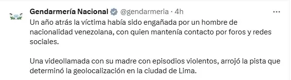 Gendarmería Nacional Argentina y la Policía Nacional de Perú (PNP), lograron localizar el paradero de la joven de Mendoza en Perú