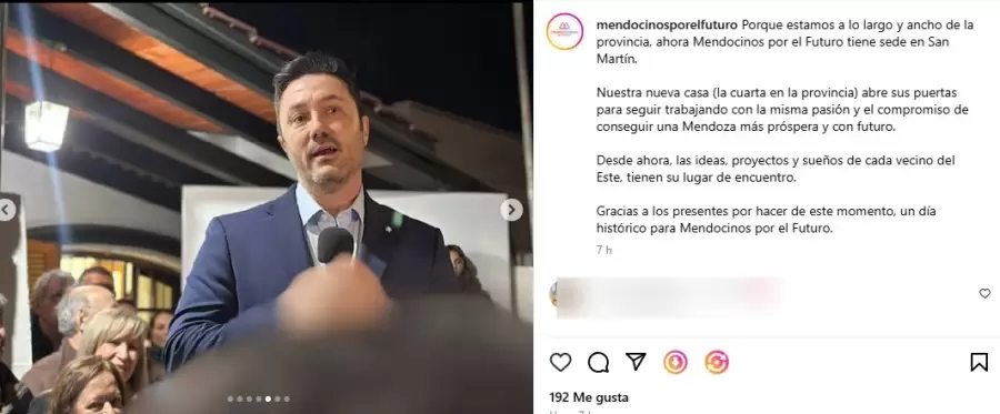 Luis Petri en la presentación de la sede de Mendocinos por el Futuro en San Martín/ Fuente: Instagram Mendocinos por el Futuro