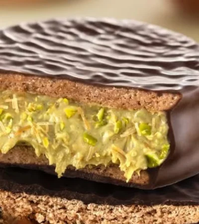 El alfajor de edición limitada con sabor a Dubái tiene masa de cacao, crema de pistacho y chocolate con leche.