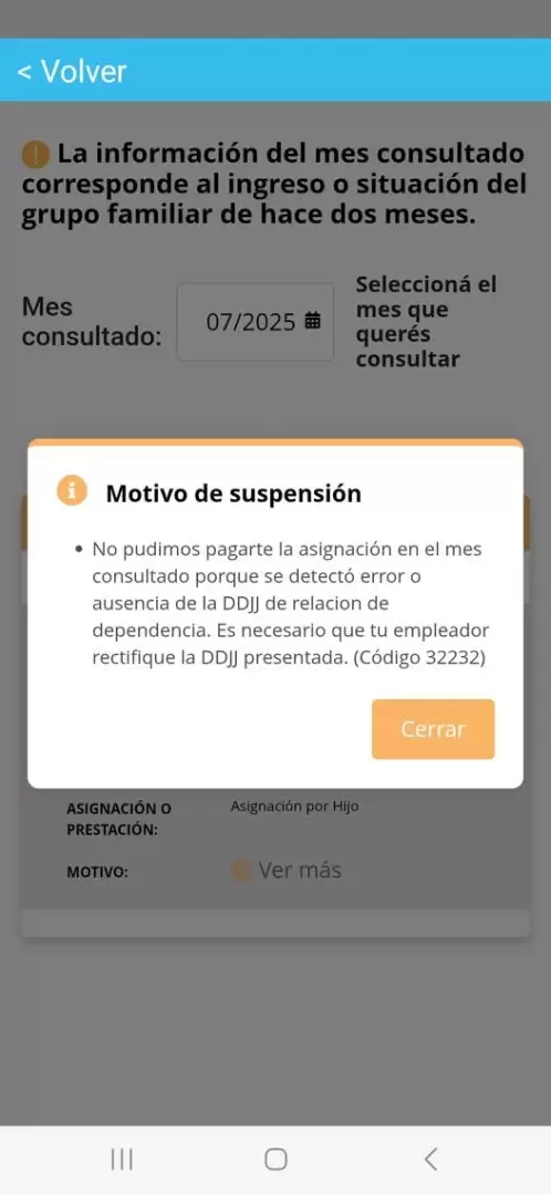 Uno de los mensajes de error que brinda ANSES sobre la situación de SUAF