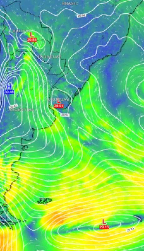 Mapa de la ciclogenesis en Argentina.