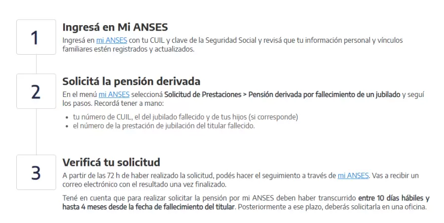 Paso a paso completo para solicitar la pensión derivada publicados por ANSES