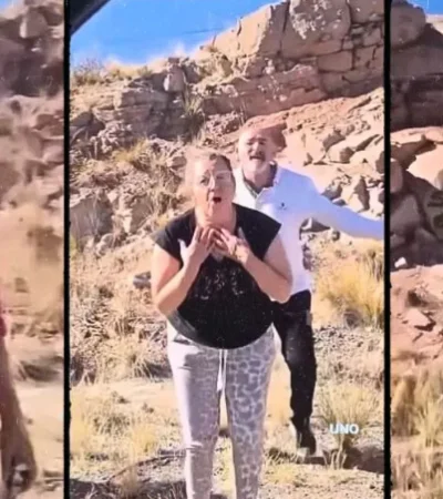 Momento en el que los turistas de Buenos Aires trataban de minimizar el hecho vandálico mientras un joven los increpó por las inscripciones.