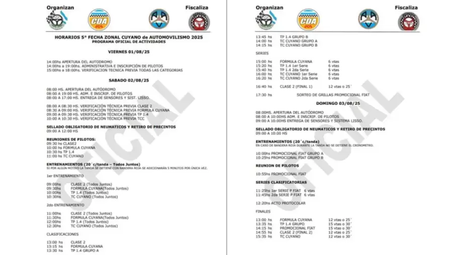 El cronograma para el fin de semana.