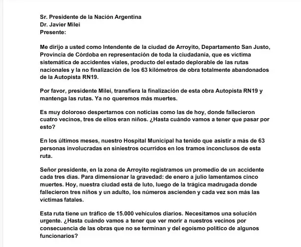 Carta del intendente de Arroyito a Javier Milei/ Fuente: LMdiario
