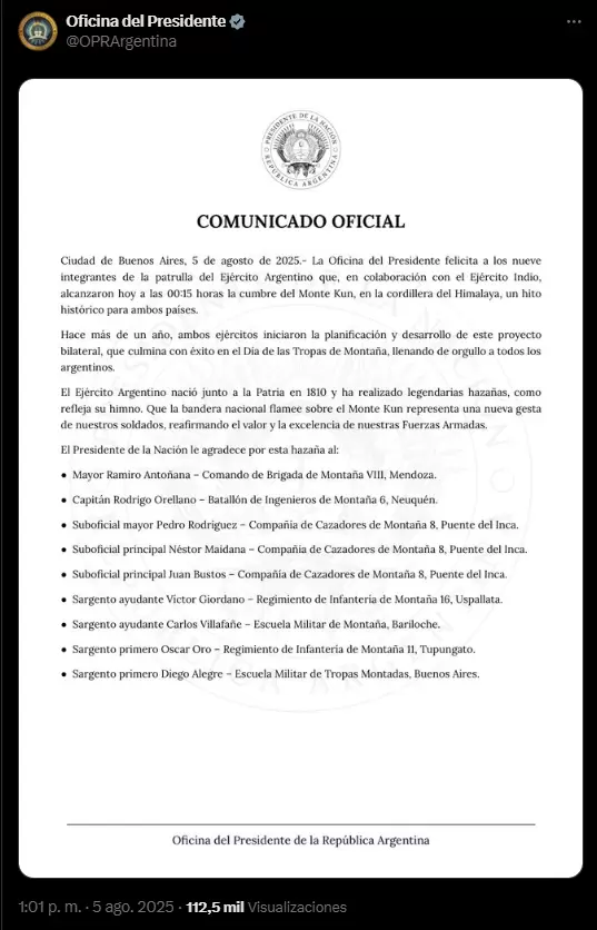 Tweet de Presidencia