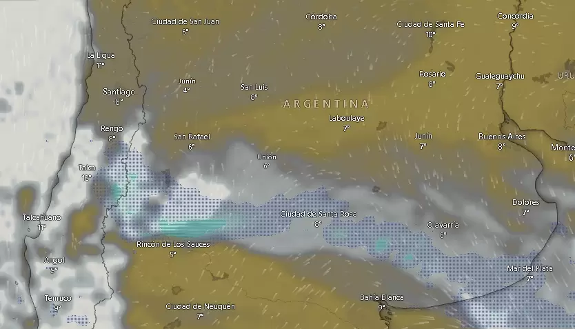 El sistema frontal afecta a la franja central de Argentina desde ayer martes.