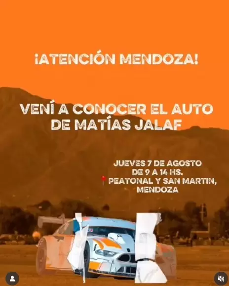 Matías Jalaf estará en la Peatonal Sarmiento mostrando su auto/ Fuente: Instagram Matías Jalaf