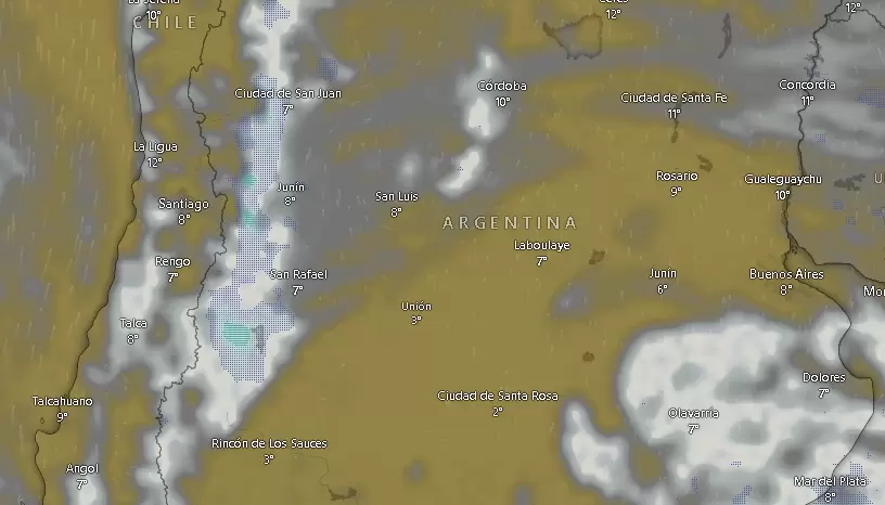 Nubes sobre la franja central de Argentina el jueves 7 de agosto de 2025.
