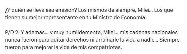 Cristina Fernández de Kirchner contra el presidente Javier Milei luego de la cadena nacional/ Fuente: Cuenta de X de Cristina