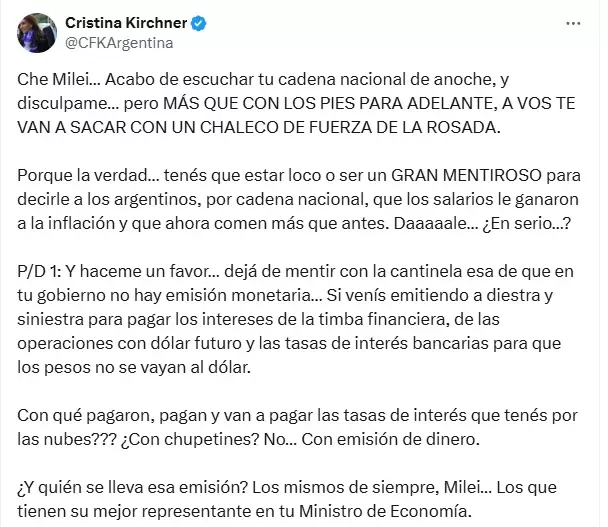 Cristina Fernández de Kirchner contra el presidente Javier Milei luego de la cadena nacional/ Fuente: Cuenta de X de Cristina