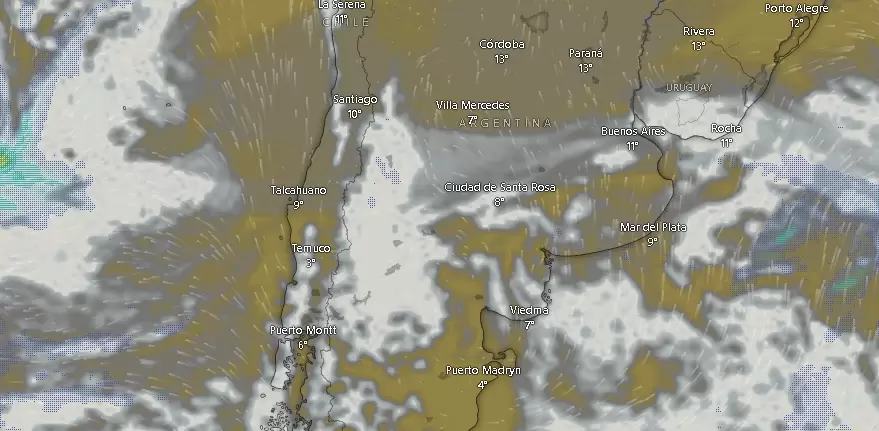 Nubes sobre Argentina el miércoles 13 de agosto de 2025 a las 09.50.