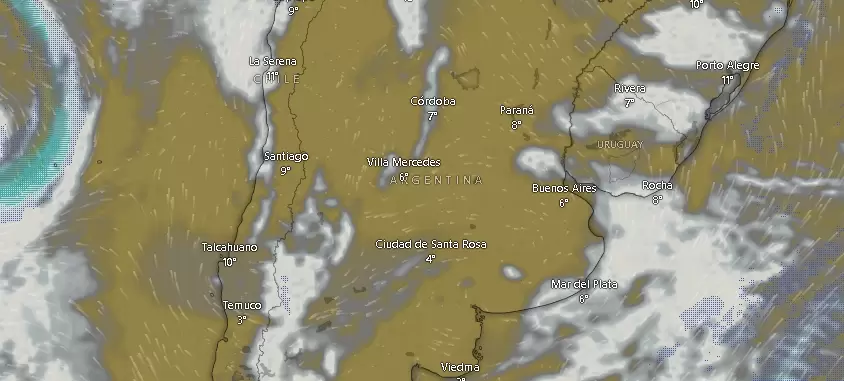 Nubes sobre Argentina durante el jueves 14 de agosto de 2025 a las 09.28.