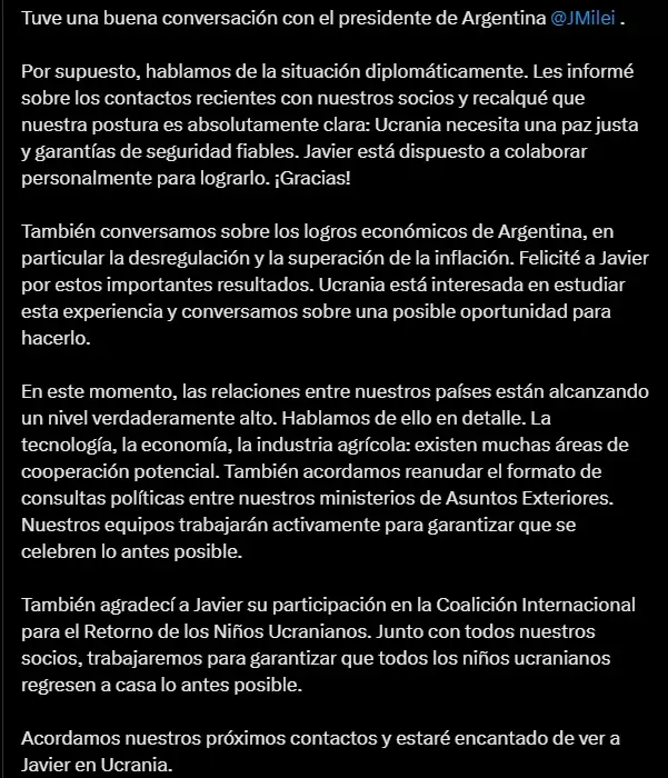 Volodymyr Zelenskyy sobre su charla con Javier Milei