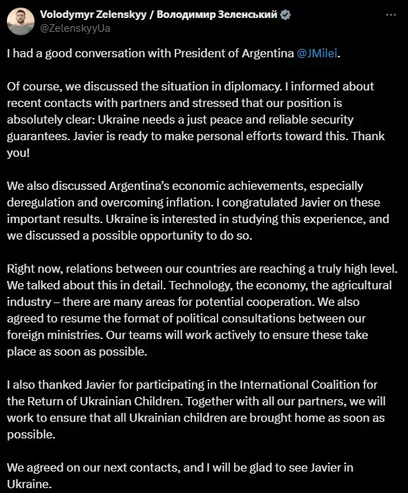 Volodymyr Zelenskyy sobre su charla con Javier Milei