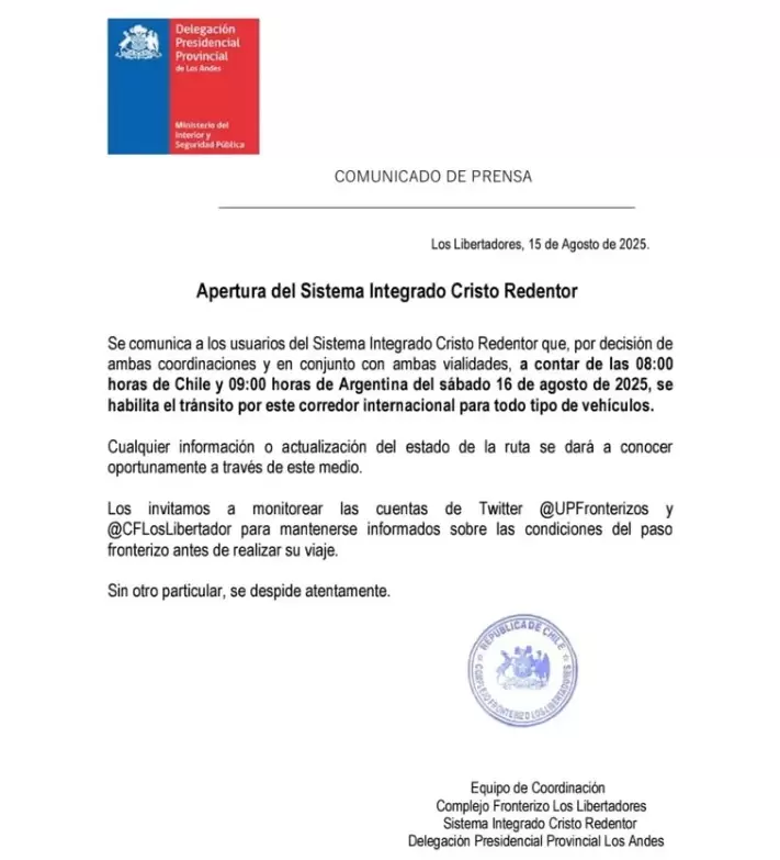 Reapertura Paso Cristo Redentor/ Fuente: Gendarmería