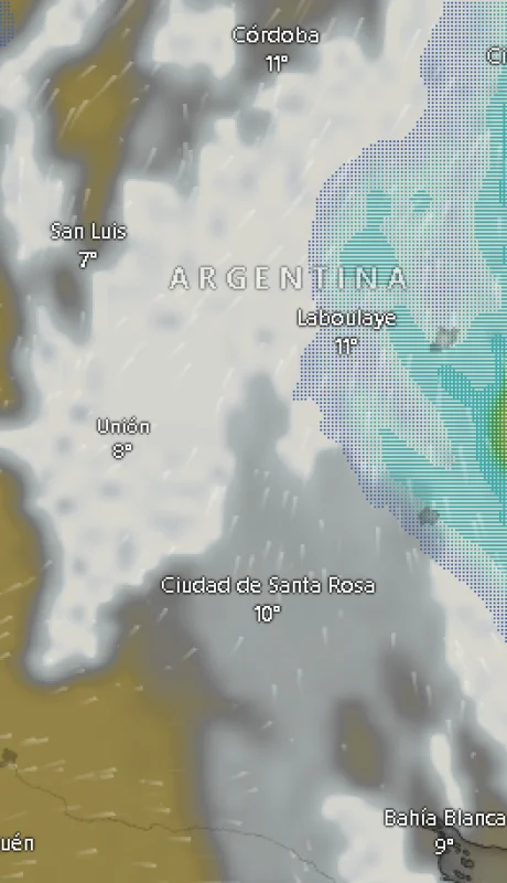 Nubes sobre la franja central de Argentina a las 09.05.