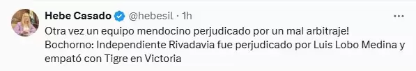 La vicegobernadora de Mendoza, Hebe Casado opinó sobre el polémico penal que le cobraron en contra a Independiente Rivadavia/ Fuente: X