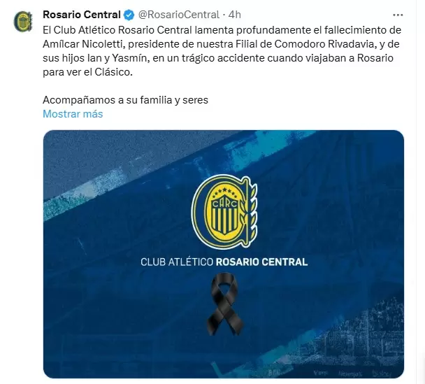 El mensaje de Rosario Central por el fallecimiento de tres de sus hinchas en un accidente de tránsito/ Fuente: Cuenta de X de Rosario Central