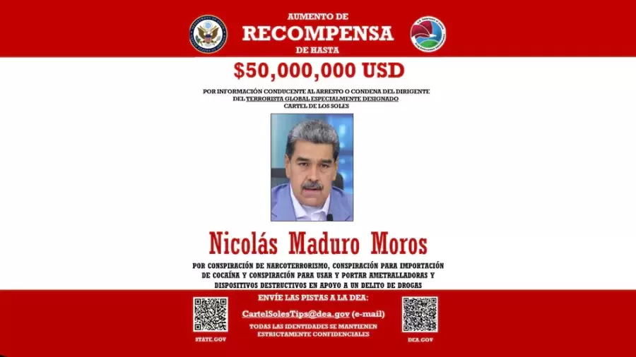 Publicación global de la recompensa que se pide por Nicolás Maduro.
