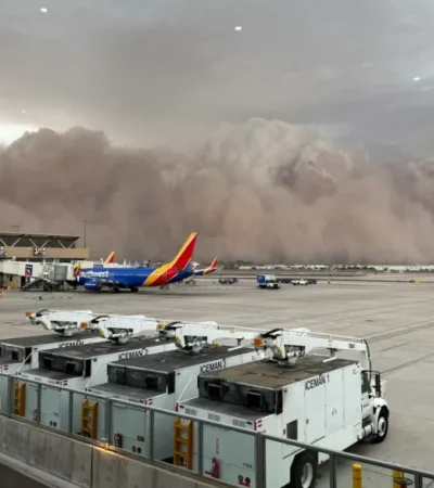 Un frente de miles de metros de altura de polvo y ráfagas de viento azotan a la región árida estadounidense.