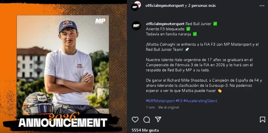 Mattia Colnaghi, la joven promesa que sigue los pasos de Colapinto.