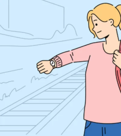 Mujer ansiosa mirando la hora mientras espera el transporte público para ir a trabajar.