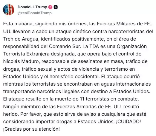 Declaraciones de Trump en su red Truth Social sobre el ataque.