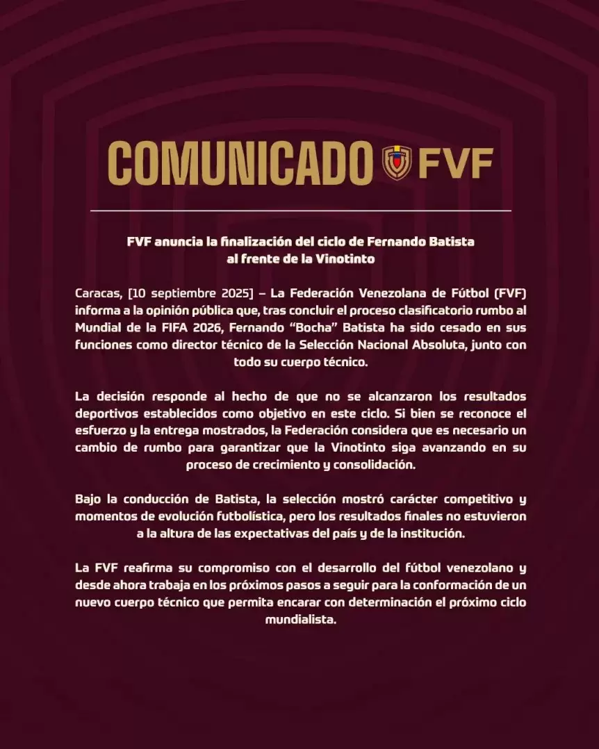 Comunicado oficial de la FVF