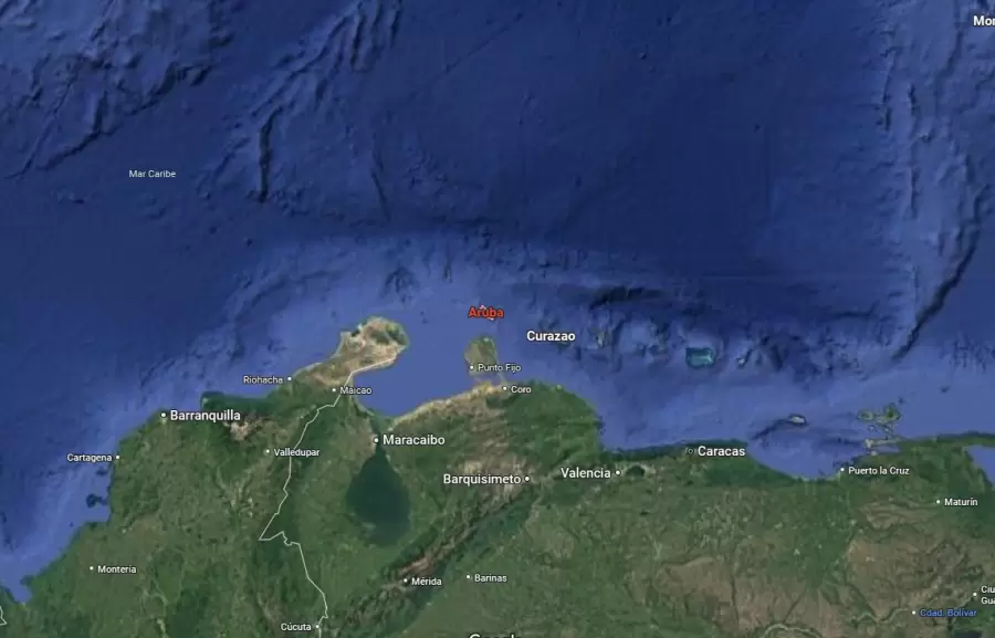 En rojo, ubicación de Aruba.