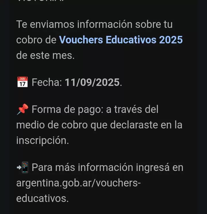 El mensaje oficial enviado a los titulares activos de los Vouchers Educativos