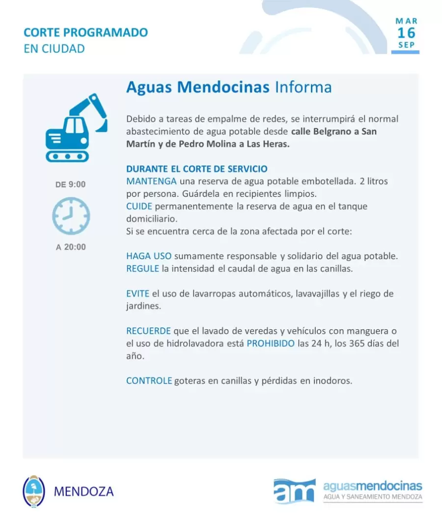 Corte programado en Ciudad de agua.