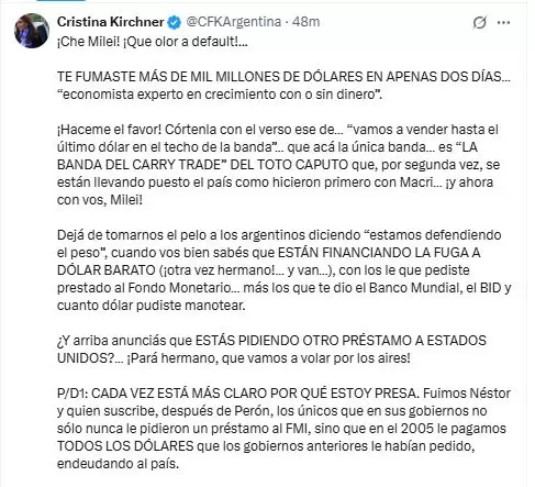 Primera parte del tuit de CFK