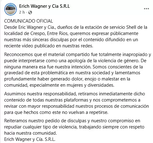 El comunicado de la empresa pidiendo disculpas/ Fuente: Redes Sociales