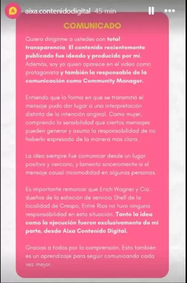 El descargo de la empresa de marketing que realizó el polémico video de la estación de servicios/ Fuente: Instagram