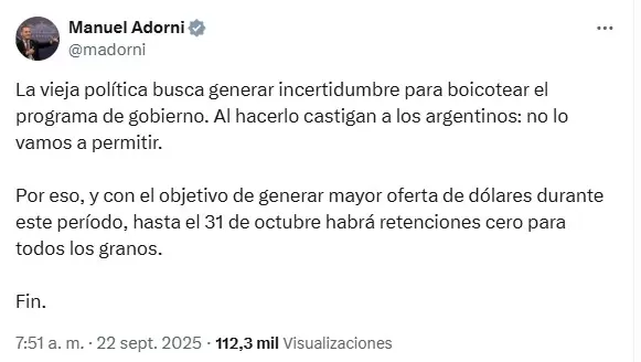 Publicación de Manuel Adorni, portavoz de la presidencia de Argentina.