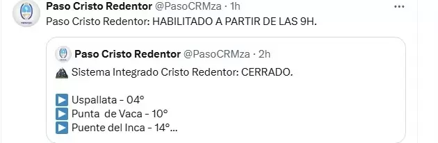Reabre el Paso Cristo Redentor/ Fuente: X