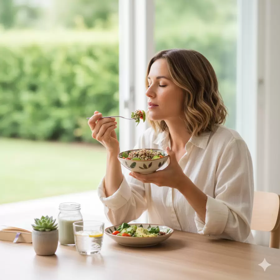 Perder peso empieza por masticar mejor y comer sin prisa. (Imagen generada con IA)