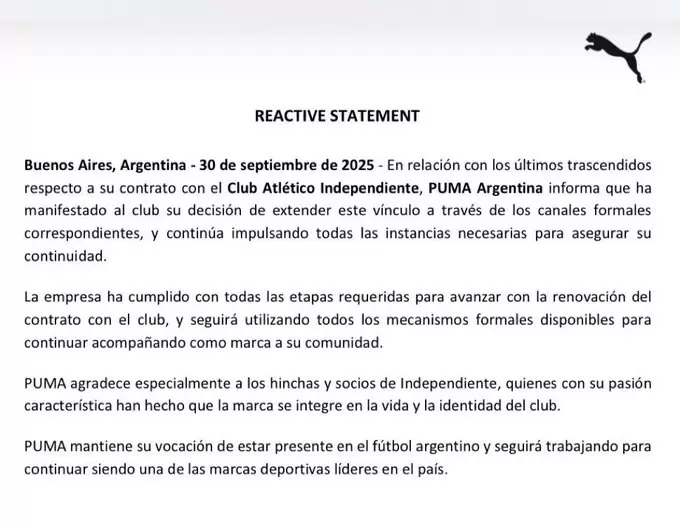 El comunicado de Puma