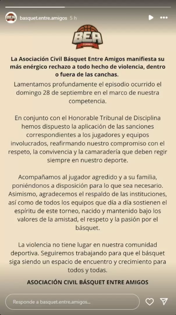 El comunicado de la Asociación Civil Básquet entre Amigos.